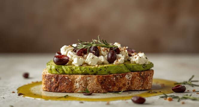 Close up of a wholesome vegetarian open sandwich topped with avocado feta cheese kalamata olives oregano and drizzled olive oil on sourdough bread with copy space