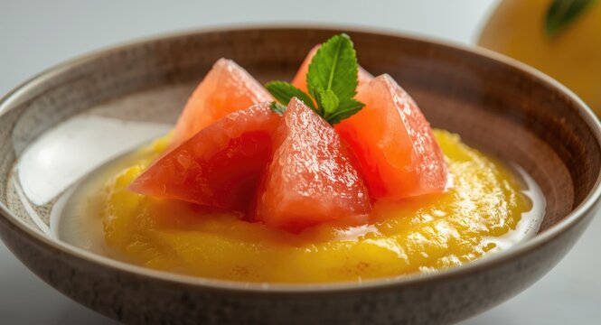 Pomelo segments atop creamy mango sago dessert