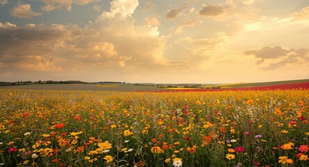 Fototapeta premium A vibrant flower-covered field with green grass under a warm sky filled with fluffy clouds