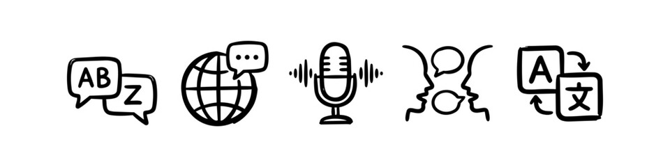 Hand-drawn language and translation icon set featuring a globe, microphone, speech bubbles, and human profiles. Ideal for linguistics, global communication, and translation service concepts. © Nort Kor