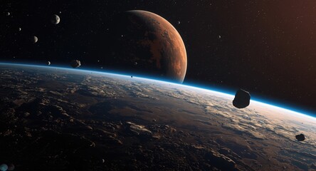 Fototapeta premium Futuristic depiction of asteroid belt with Mars prominently visible beyond