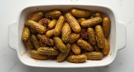 Fototapeta premium Above shot of gherkin pickles tossed with fragrant spices in a serving dish on white