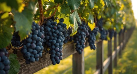 Fototapeta premium Ripe grapes hanging densely on timber fence in warm diffused sunlight