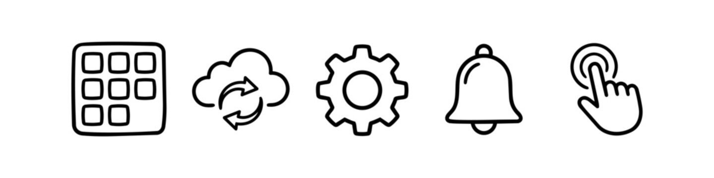 Minimalist set of five linear web and app icons including a grid menu, cloud sync, settings gear, notification bell, and touch click hand cursor. Clean black line art on white background.