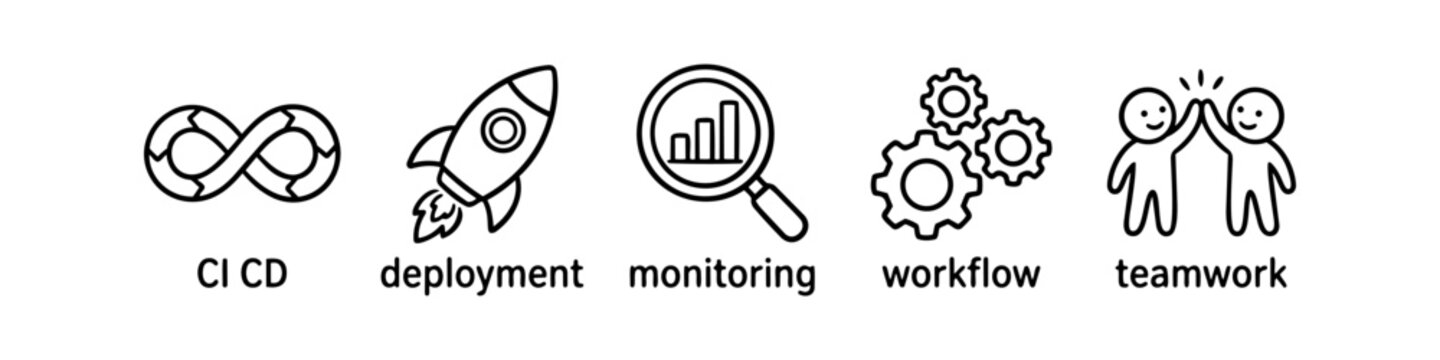 Set of minimalist DevOps icons including CI/CD, deployment rocket, monitoring chart, workflow gears, and teamwork high-five. Vector illustrations for software development and business processes.