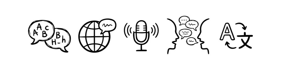Set of hand-drawn doodle icons representing language translation, global communication, voice recognition, and dialogue. Perfect for educational, linguistic, and travel themes. © Nort Kor