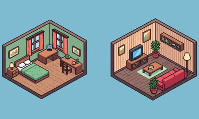 Obraz premium Two isometric rooms with furniture are shown side by side on a blue background, showcasing interior design with a bedroom and living room.