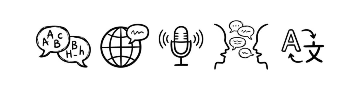 Set of hand-drawn doodle icons representing language translation, global communication, voice recognition, and dialogue. Perfect for educational, linguistic, and travel themes.