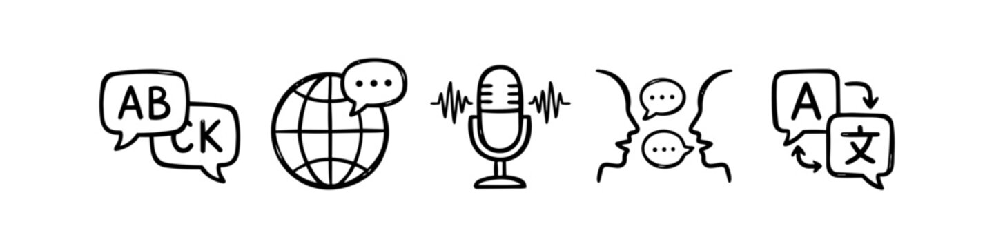 Hand-drawn language and translation icons featuring speech bubbles, a globe, a microphone, and profiles for communication, interpreting, and global linguistics concepts.