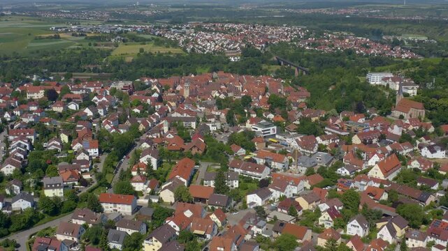Aerial view of the old town above the city of Marbach in south Germany, on a sunny spring day.