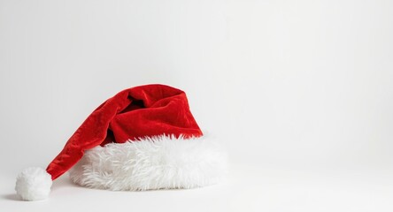Fototapeta premium Red velvet Santa hat featured by itself on pure white backdrop with copy space