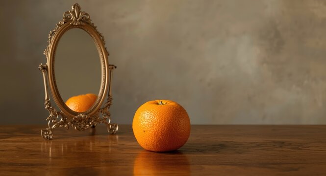 Fruit orange looking into a mirror with desire to turn into an apple