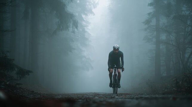 Cardio sports cycling biking exercise training, healthy lifestyle. A man riding a bicycle through a misty forest, wearing a helmet and surrounded by tall trees.
