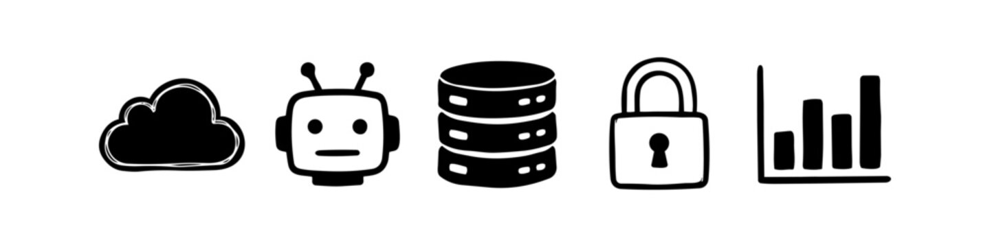 Hand-drawn technology icons featuring cloud computing, robot AI, database storage, security lock, and data bar chart. Perfect for tech, data, and business themes.