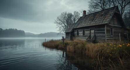 Obraz premium Old picture showing a quaint wooden cottage alongside tranquil lake waters