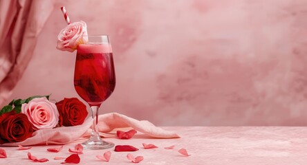 Fototapeta premium Heartfelt cocktail creation for Valentine day with rose decoration on an elegant festive background