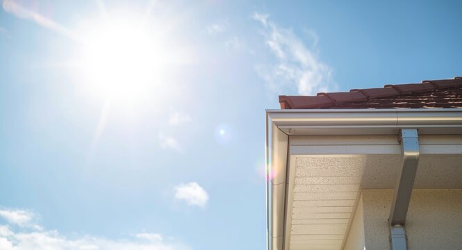 Metal guttering on tiled roof overhang captured under powerful lighting with generous text space for design projects
