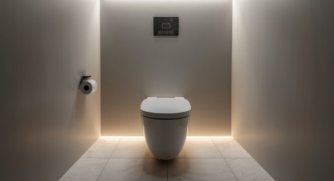 Modern minimalist toilet installation in bathroom highlighted by ambient glow and light grey walls