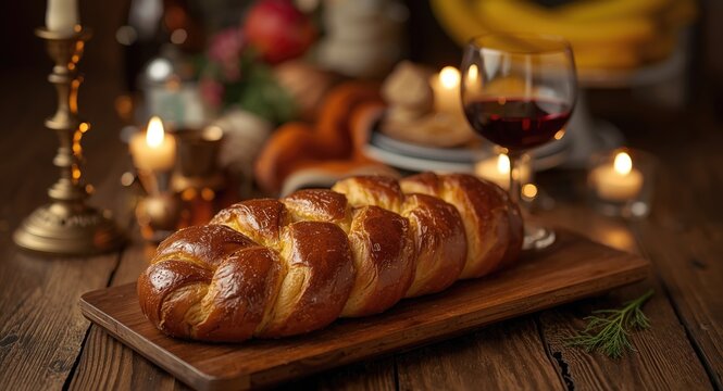 Authentic Jewish Sabbath meal showcasing challah bread and red wine kiddush cup