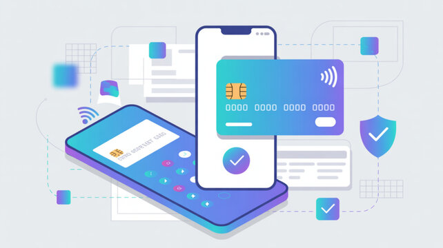 A vector graphic illustration of a mobile payment system with a smartphone, credit card, and secure icons