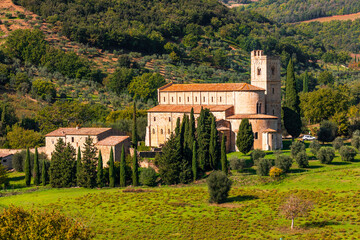 Obraz premium Abbazia di Sant'Antimo ancient Romanesque abbey in Tuscany, Italy.
