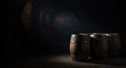 Naklejka premium Rustic vintage barrels in a shadowed blurred wine cellar background illustrating historic viticulture methods