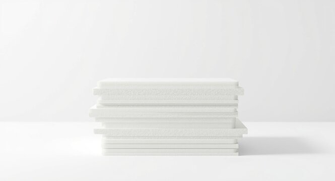 Neatly piled white polyethylene foam sheets set against a white backdrop