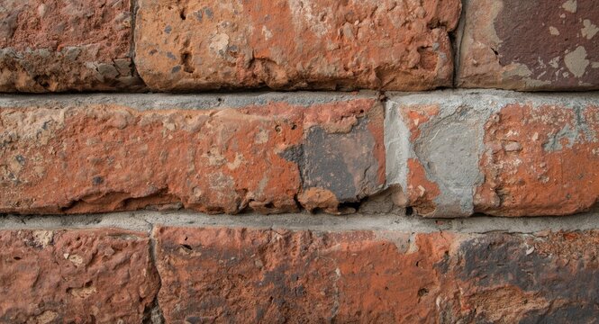 Surface texture detail of weathered refractory bricks on old brick wall close-up