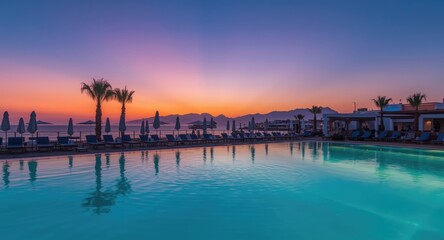 Fototapeta premium Relaxing Ibiza beach club scene by the pool during a vibrant sunset with ample copy space