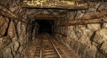 Fototapeta premium Historic mining shaft tunnel lined with aged beams