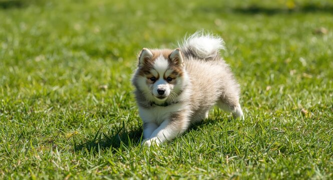 Adorable Pomsky puppy frolicking on vibrant grass lawn in warm summer sunshine full length image