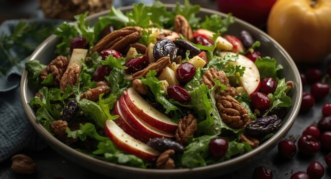 Garden fresh seasonal salad with mixed greens apples nuts and bright cranberries