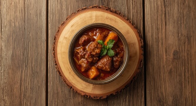 Freshly prepared Obe Ila Alasepo with tender beef in bowl on natural wood plank