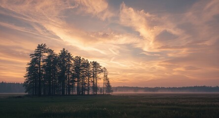Fototapeta premium Radiant dusk sky with soft clouds over a quiet forested area