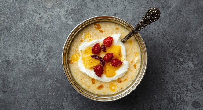 Religious prasadam featuring payasam rice pudding with cream and dried fruit mix