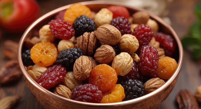 Healthy assortment of dried fruits paired with nuts in copper bowl