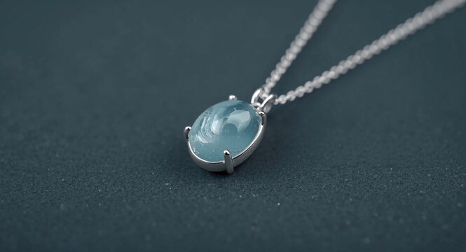 Graceful silver jewelry piece featuring a smooth aquamarine cabochon set on a deep toned background for stylish accessory presentations