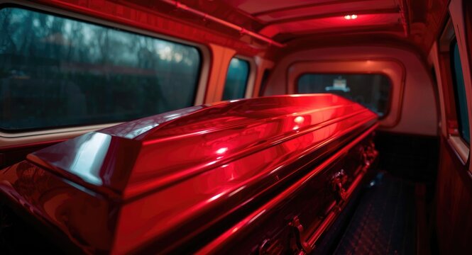 Close detailed look at a vibrant coffin inside a chapel vehicle prior to service