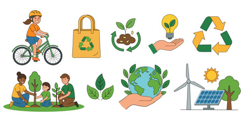 Fototapeta premium Ecology and environment protection concept set. People caring for nature, planting trees and cleaning planet in flat vector style.