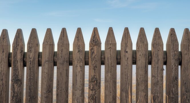 Rustic stockade fence showing pointed logs with old wood texture against clear sky
