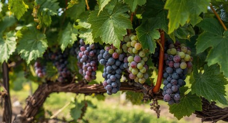 Naklejka premium Grape clusters at peak ripeness among lush vineyard foliage