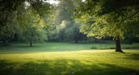 Obraz premium Quiet outdoor park scene with soft glowing light and blurred dense foliage over lush green lawns