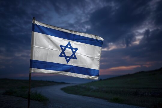 Waving Israeli Flag on Rural Road at Dusk for National Identity Zionism and Independence Day Celebration Background