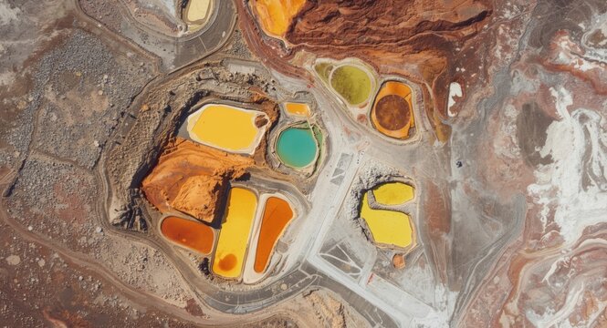 Flight view of lithium mining ponds displaying bright evaporation pools amid rough textured terrain
