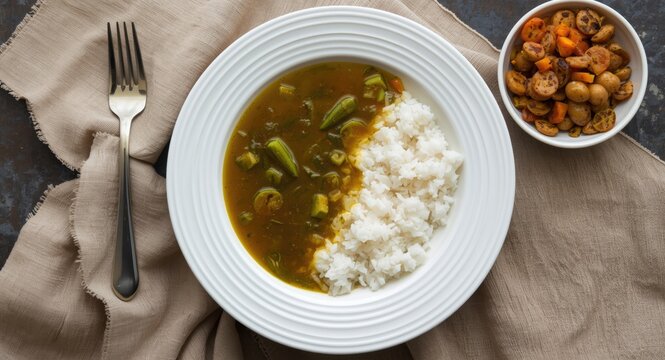 Overhead shot of traditional okra soup alongside eba served on white ceramic plate
