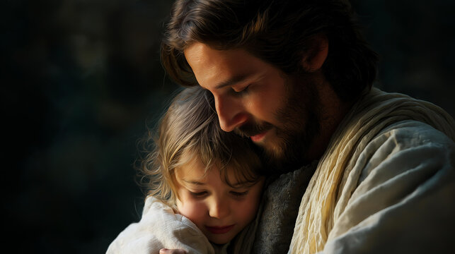 Artistic illustration of Jesus lovingly embracing young child, offering comfort and sense of security, tender moment highlighting unconditional love divine protection and