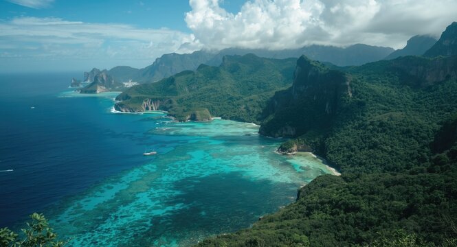 High level view emphasizing turquoise reef and steep forested highlands