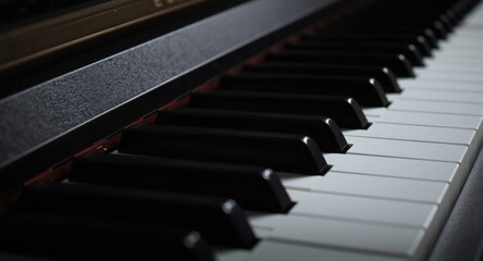Naklejka premium Piano keyboard viewed closely to reveal fine key details
