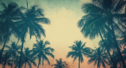 Fototapeta premium Coconut palm silhouettes in a tropical setting enhanced by vintage hues