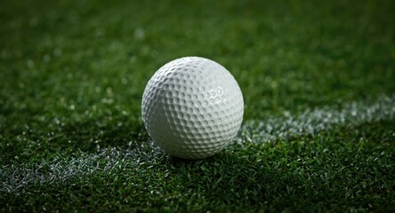 Obraz premium Close up view of white dimpled hockey ball on green synthetic turf surface
